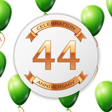 Beyaz daire kağıt afiş altın şerit ile altın sayı kırk dört yıl yıldönümü kutlamaları. Beyaz arka plan üzerinde gerçekçi yeşil balonlar kurdele ile. Vektör çizim.