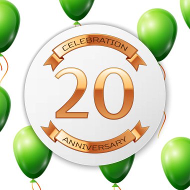 Beyaz daire kağıt afiş altın şerit ile altın sayı yirmi yıl yıldönümü kutlamaları. Beyaz arka plan üzerinde gerçekçi yeşil balonlar kurdele ile. Vektör çizim.