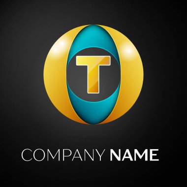T harfinin vektör logo sembol siyah arka plan üzerinde renkli daire içinde. Tasarımınız için vektör şablonu