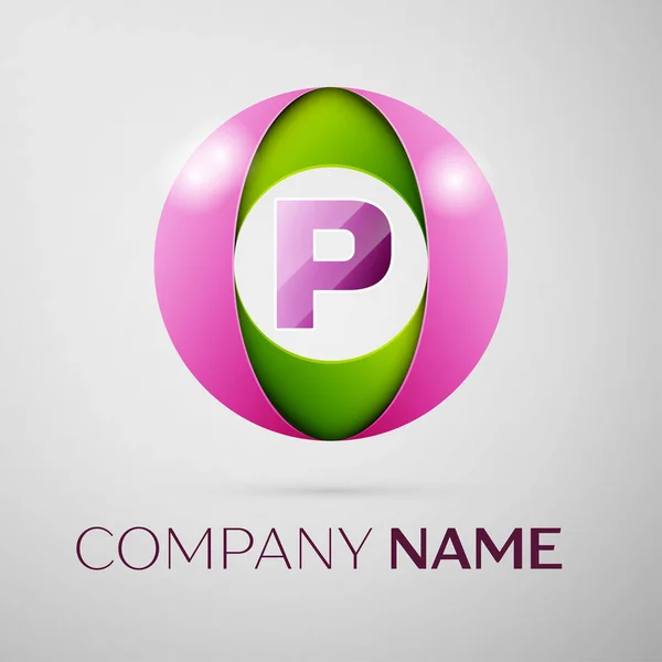 Γράμμα P διανυσματικά λογότυπο σύμβολο στον πολύχρωμο κύκλο σε γκρι φόντο. Διάνυσμα πρότυπο για το σχεδιασμό σας — Διανυσματικό Αρχείο