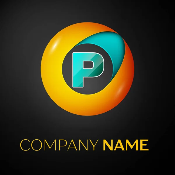 Γράμμα P διανυσματικά λογότυπο σύμβολο στον πολύχρωμο κύκλο σε μαύρο φόντο. Διάνυσμα πρότυπο για το σχεδιασμό σας — Διανυσματικό Αρχείο