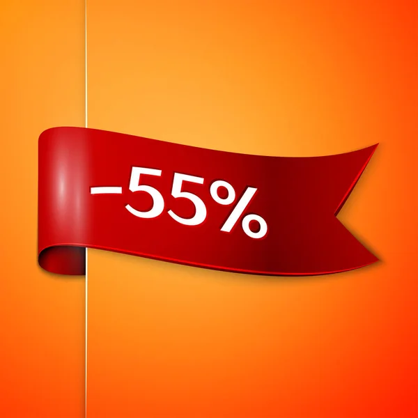 Nastro rosso con iscrizione 55 per cento di sconto su sfondo arancione. Illustrazione vettoriale . — Vettoriale Stock