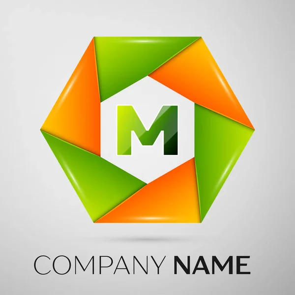 Letra símbolo do logotipo do vetor M no círculo colorido no fundo cinza. Modelo de vetor para o seu projeto —  Vetores de Stock