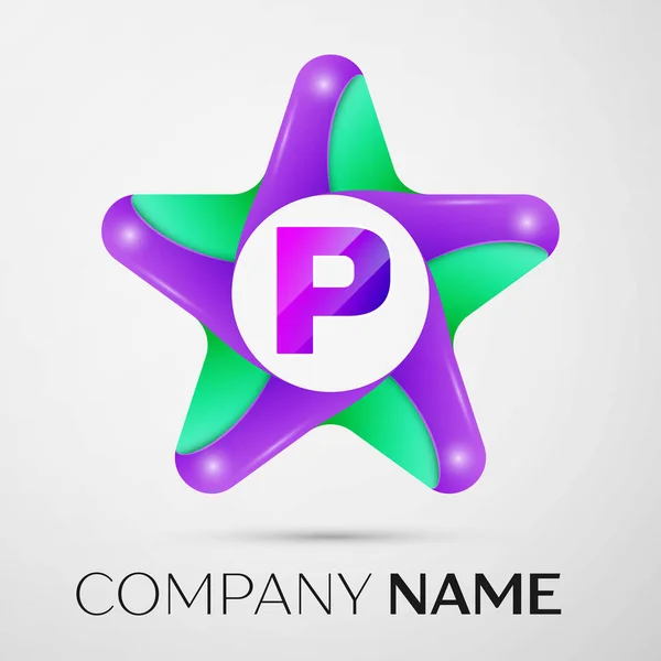 Symbole du logo vectoriel de la lettre P dans l'étoile colorée sur fond gris — Image vectorielle