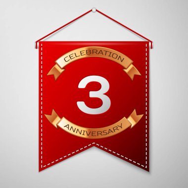 Kırmızı bayrağı yazıt üç yıl yıldönümü kutlama tasarım üzerinde gri bir arka plan ile. Altın şerit. Doğum günü partin için renkli şablon öğeleri. Vektör çizim