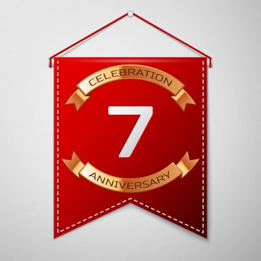 Kırmızı bayrağı yazıt yedi yıl yıldönümü kutlama tasarım üzerinde gri bir arka plan ile. Altın şerit. Doğum günü partin için renkli şablon öğeleri. Vektör çizim