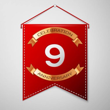 Kırmızı bayrağı yazıt dokuz yıl yıldönümü kutlama tasarım üzerinde gri bir arka plan ile. Altın şerit. Doğum günü partin için renkli şablon öğeleri. Vektör çizim