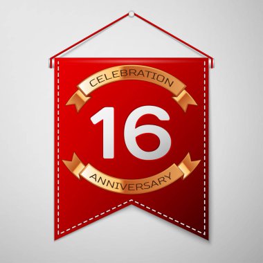 Kırmızı bayrağı yazıt on altı yıl yıldönümü kutlama tasarım üzerinde gri bir arka plan ile. Altın şerit. Doğum günü partin için renkli şablon öğeleri. Vektör çizim