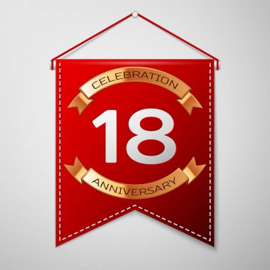 Kırmızı bayrağı yazıt on sekiz yıl yıldönümü kutlama tasarım üzerinde gri bir arka plan ile. Altın şerit. Doğum günü partin için renkli şablon öğeleri. Vektör çizim
