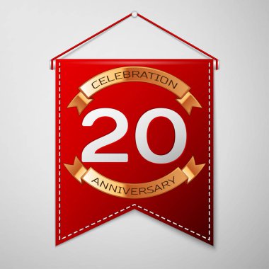 Kırmızı bayrağı yazıt yirmi yıl yıldönümü kutlama tasarım üzerinde gri bir arka plan ile. Altın şerit. Doğum günü partin için renkli şablon öğeleri. Vektör çizim