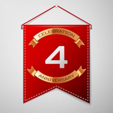 Kırmızı bayrağı yazıt dört yıl yıldönümü kutlama tasarım üzerinde gri bir arka plan ile. Altın şerit. Doğum günü partin için renkli şablon öğeleri. Vektör çizim