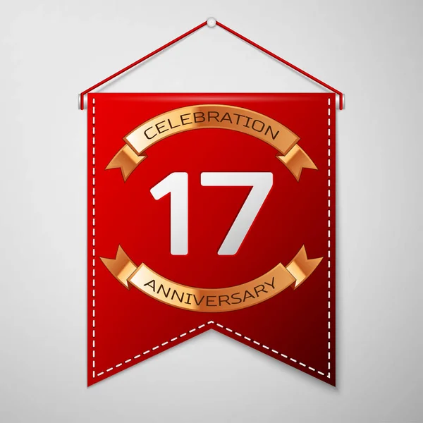 灰色の背景の上の碑文の 17 年周年記念お祝いデザインと赤いペナント。ゴールデン リボン。あなたの誕生日パーティーのためのカラフルなテンプレート要素。ベクトル図 — ストックベクタ