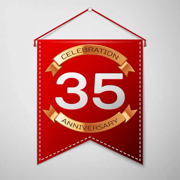 灰色の背景の上の碑文の 30 5 年記念日のお祝いのデザインと赤のペナント。ゴールデン リボン。あなたの誕生日パーティーのためのカラフルなテンプレート要素。ベクトル図 — ストックベクタ