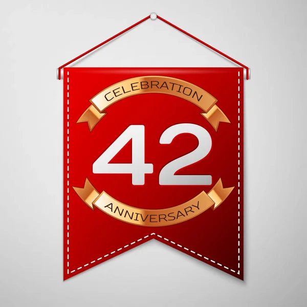 灰色の背景の上の碑文の 40 2 年記念日のお祝いデザインと赤いペナント。ゴールデン リボン。あなたの誕生日パーティーのためのカラフルなテンプレート要素。ベクトル図 — ストックベクタ