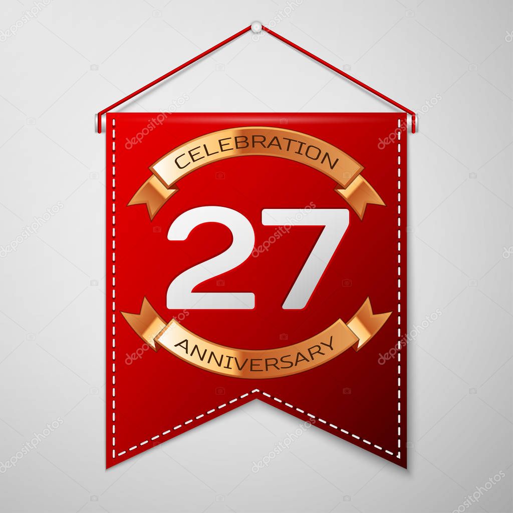 Red pennant with inscription Twenty seven Years Anniversary Celebration Design over a grey background. Golden ribbon. Colorful template elements for your birthday party. Vector illustration