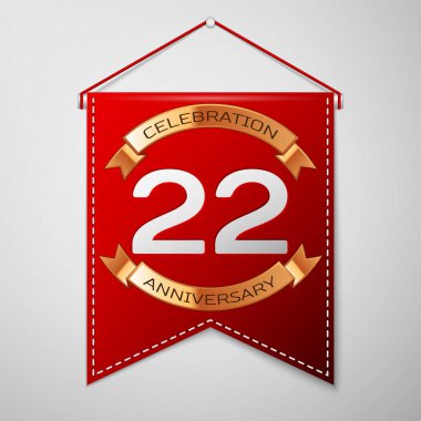 Kırmızı bayrağı yazıt yirmi iki yıl yıldönümü kutlama tasarım üzerinde gri bir arka plan ile. Altın şerit. Doğum günü partin için renkli şablon öğeleri. Vektör çizim