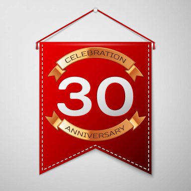 Kırmızı bayrağı yazıt otuz yıl yıldönümü kutlama tasarım üzerinde gri bir arka plan ile. Altın şerit. Doğum günü partin için renkli şablon öğeleri. Vektör çizim