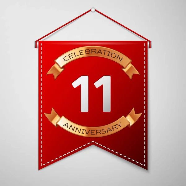 灰色の背景の上の碑文の 11 年の記念日のお祝いデザインと赤いペナント。ゴールデン リボン。あなたの誕生日パーティーのためのカラフルなテンプレート要素。ベクトル図 — ストックベクタ