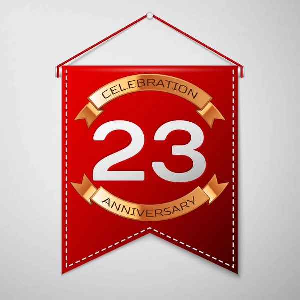 灰色の背景の上の碑文の 20 3 年記念日のお祝いのデザインと赤のペナント。ゴールデン リボン。あなたの誕生日パーティーのためのカラフルなテンプレート要素。ベクトル図 — ストックベクタ