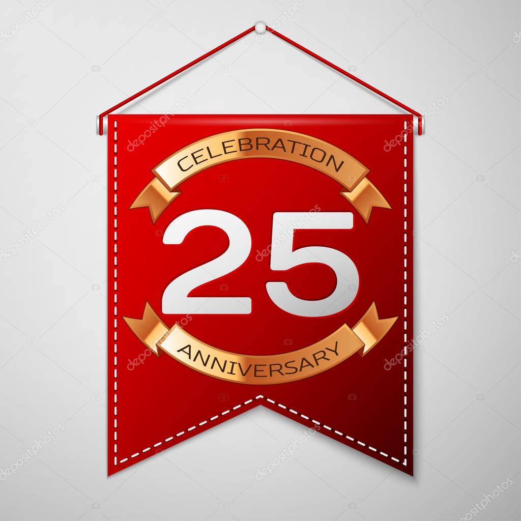 Red pennant with inscription Twenty five Years Anniversary Celebration Design over a grey background. Golden ribbon. Colorful template elements for your birthday party. Vector illustration