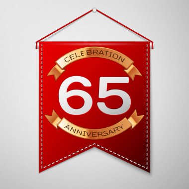 Kırmızı bayrağı yazıt altmış beş yıl yıldönümü kutlama tasarım üzerinde gri bir arka plan ile. Altın şerit. Doğum günü partin için renkli şablon öğeleri. Vektör çizim