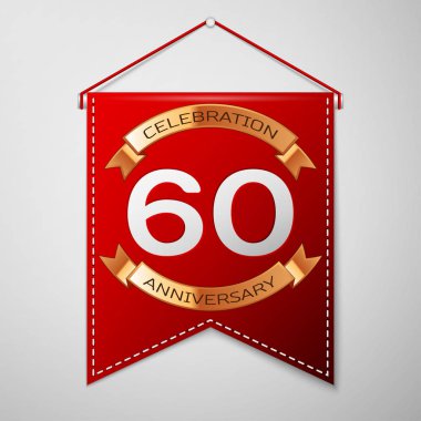 Kırmızı bayrağı yazıt altmış yıl yıldönümü kutlama tasarım üzerinde gri bir arka plan ile. Altın şerit. Doğum günü partin için renkli şablon öğeleri. Vektör çizim