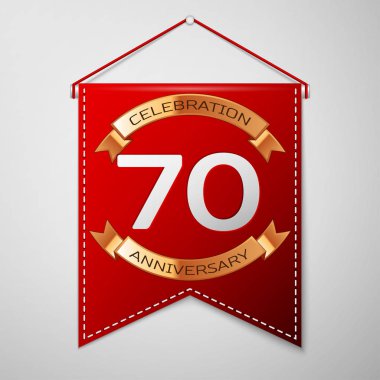 Kırmızı bayrağı yazıt yetmiş yıl yıldönümü kutlama tasarım üzerinde gri bir arka plan ile. Altın şerit. Doğum günü partin için renkli şablon öğeleri. Vektör çizim