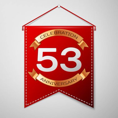 Kırmızı bayrağı yazıt elli üç yıl yıldönümü kutlama tasarım üzerinde gri bir arka plan ile. Altın şerit. Doğum günü partin için renkli şablon öğeleri. Vektör çizim