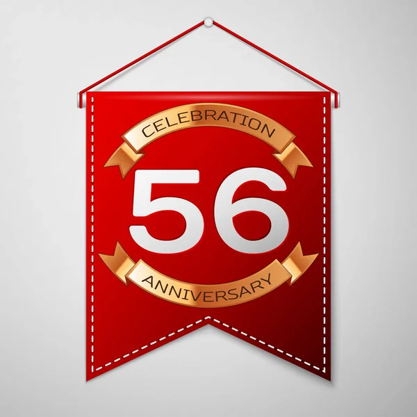 灰色の背景の上の碑文の 50 6 年記念日のお祝いのデザインと赤のペナント。ゴールデン リボン。あなたの誕生日パーティーのためのカラフルなテンプレート要素。ベクトル図 — ストックベクタ