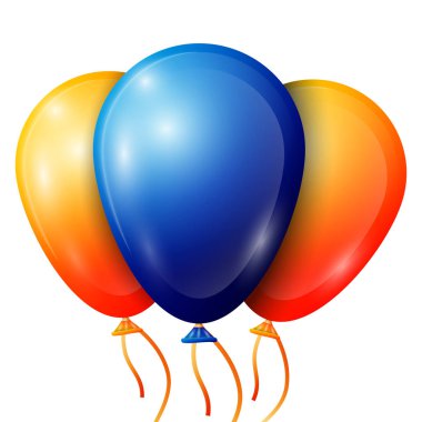 Gerçekçi mavi, turuncu balonlarla beyaz arka plan üzerinde izole şeritler. Vektör çizim parlak renkli parlak balonlar