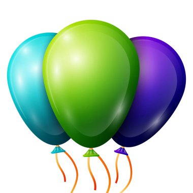 Gerçekçi mavi, yeşil, mor balon beyaz arka plan üzerinde izole şeritler. Vektör çizim parlak renkli parlak balonlar