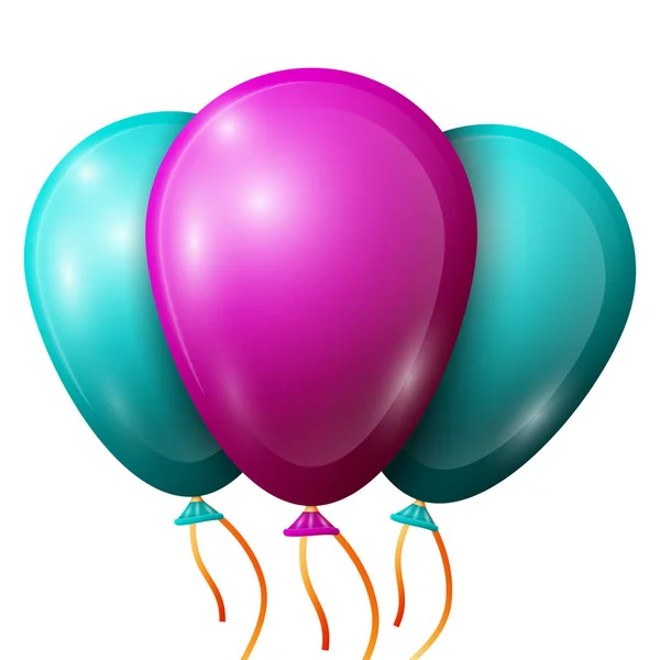 Ρεαλιστική τυρκουάζ, πορφυρός μπαλόνια με κορδέλες που απομονώνονται σε λευκό φόντο. Εικονογράφηση διάνυσμα λαμπερά πολύχρωμα μπαλόνια γυαλιστερό — Διανυσματικό Αρχείο