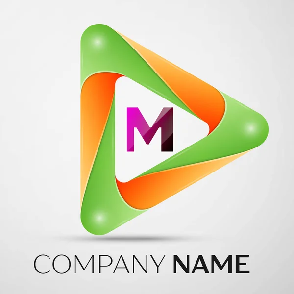 Lettre M symbole de logo vectoriel dans le triangle coloré sur fond gris. Modèle vectoriel pour votre conception — Image vectorielle