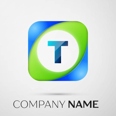 T harfinin vektör logo sembol gri arka plan üzerinde renkli meydanında. Tasarımınız için vektör şablonu
