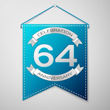 Mavi flama yazıt altmış dört yıl yıldönümü kutlama tasarım üzerinde gri bir arka plan ile. Gümüş şerit. Doğum günü partin için renkli şablon öğeleri. Vektör çizim