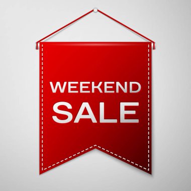 Yazıt Weekent Satılık gri bir arka plan üzerinde kırmızı bayrağı. Satılık konsept mağazalar için mağaza Pazar, web ve diğer ticaret. Vektör çizim.