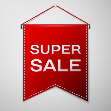 Yazıt süper Satılık gri bir arka plan üzerinde kırmızı bayrağı. Satılık konsept mağazalar için mağaza Pazar, web ve diğer ticaret. Vektör çizim.