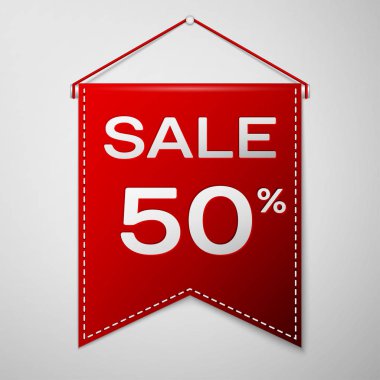 Yazıt Satılık elli yüzde ile kırmızı bayrağı gri bir arka plan üzerinde indirim. Satılık konsept mağazalar için mağaza Pazar, web ve diğer ticaret. Vektör çizim.