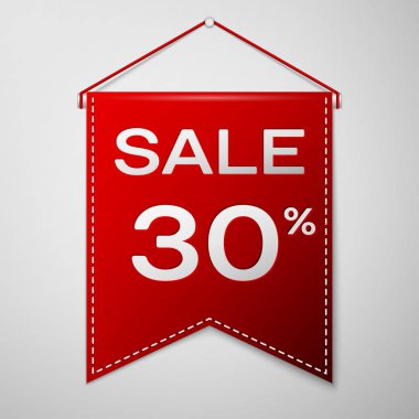Yazıt Satılık otuz yüzde ile kırmızı bayrağı gri bir arka plan üzerinde indirim. Satılık konsept mağazalar için mağaza Pazar, web ve diğer ticaret. Vektör çizim.