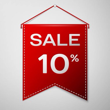 Yazıt Satılık on yüzde ile kırmızı bayrağı gri bir arka plan üzerinde indirim. Satılık konsept mağazalar için mağaza Pazar, web ve diğer ticaret. Vektör çizim.