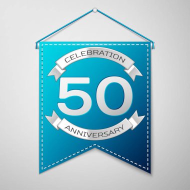 Mavi flama yazıt elli yıl yıldönümü kutlama tasarım üzerinde gri bir arka plan ile. Gümüş şerit. Doğum günü partin için renkli şablon öğeleri. Vektör çizim