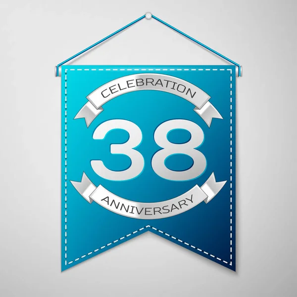 灰色の背景の上の碑文の 30 8 年周年記念お祝いデザインとブルーのペナント。シルバー リボン。あなたの誕生日パーティーのためのカラフルなテンプレート要素。ベクトル図 — ストックベクタ