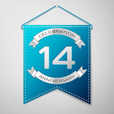 Mavi flama yazıt on dört yıl yıldönümü kutlama tasarım üzerinde gri bir arka plan ile. Gümüş şerit. Doğum günü partin için renkli şablon öğeleri. Vektör çizim