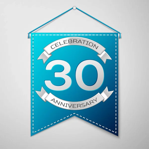 Candeeiro azul com inscrição 30 Anos Aniversário Celebration Design sobre um fundo cinza. Fita de prata. Elementos de modelo coloridos para sua festa de aniversário. Ilustração vetorial —  Vetores de Stock