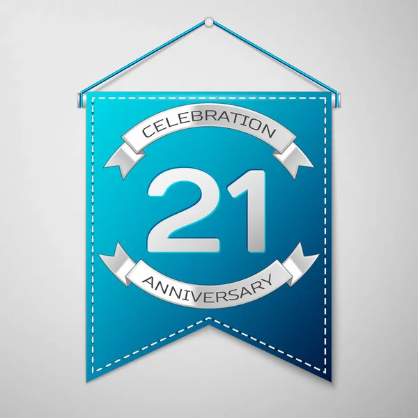 灰色の背景の上の碑文の 20 年記念日お祝いデザインとブルーのペナント。シルバー リボン。あなたの誕生日パーティーのためのカラフルなテンプレート要素。ベクトル図 — ストックベクタ