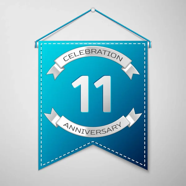灰色の背景の上の碑文の 11 年の記念日のお祝いデザインとブルーのペナント。シルバー リボン。あなたの誕生日パーティーのためのカラフルなテンプレート要素。ベクトル図 — ストックベクタ