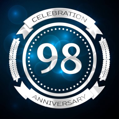 Doksan sekiz yıl yıldönümü kutlamaları gümüş yüzük ve şerit üzerinde mavi arka plan ile. Vektör çizim