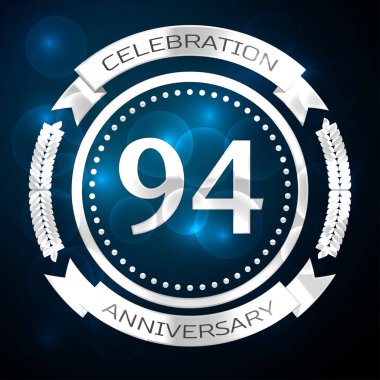 Doksan dört yıl yıldönümü kutlamaları gümüş yüzük ve şerit üzerinde mavi arka plan ile. Vektör çizim