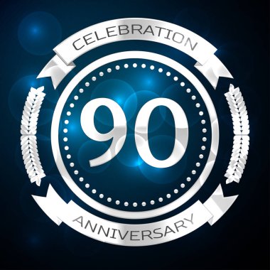 Doksan yıl yıldönümü kutlamaları gümüş yüzük ve şerit üzerinde mavi arka plan ile. Vektör çizim