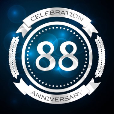 Seksen sekiz yıl yıldönümü kutlamaları gümüş yüzük ve şerit üzerinde mavi arka plan ile. Vektör çizim